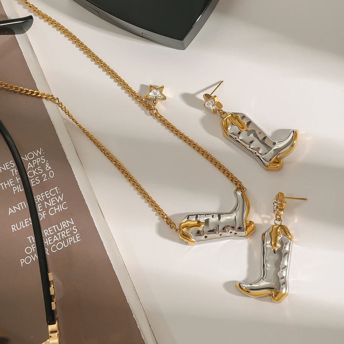 Youthway Exquisite Statement Stainless Steel Gold&Silver White Zircon Star Boots Pendant Necklace Earrings Trendy Lady Jewelry