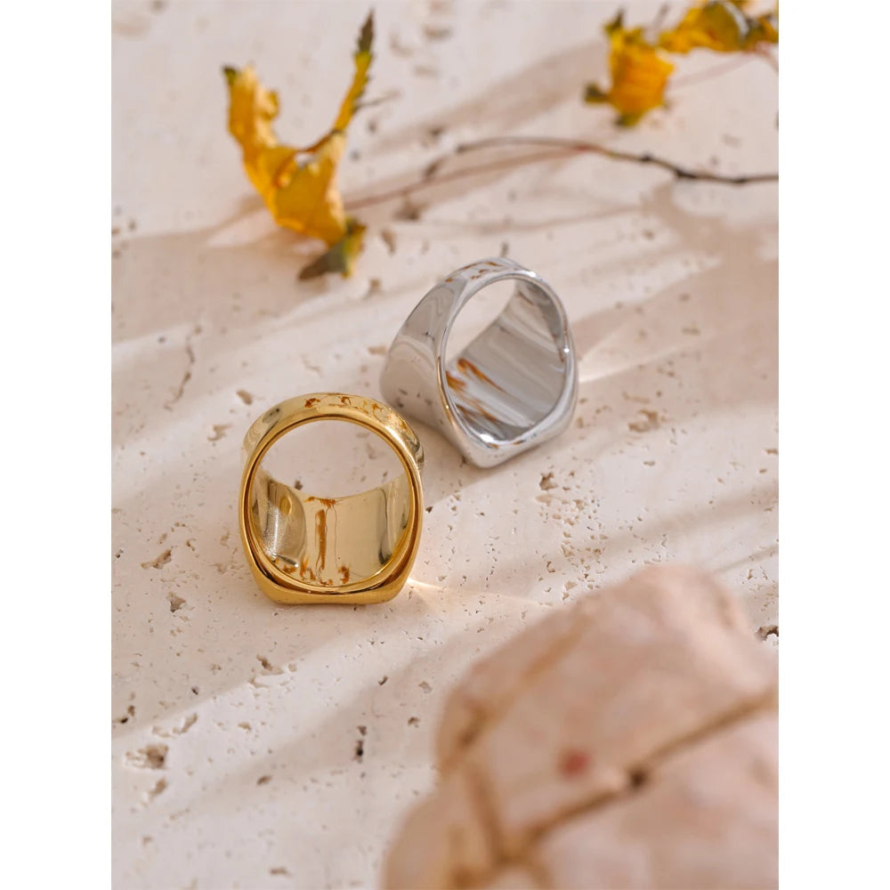 Yhpup Distinctive Glossy Stainless Steel Metal Polished Cast Ring Hypoallergenic Texture Geometric Minimalist Jewelry Gift