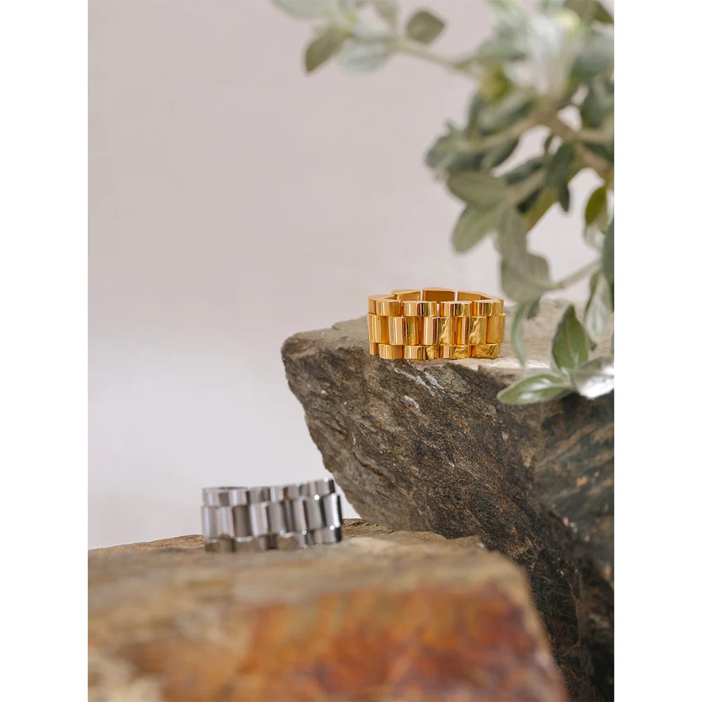 Yhpup New Waterproof Stainless Steel Chain Finger Ring Personalized Metal Texture Rust Proof Charm Fashion Jewelry for Women