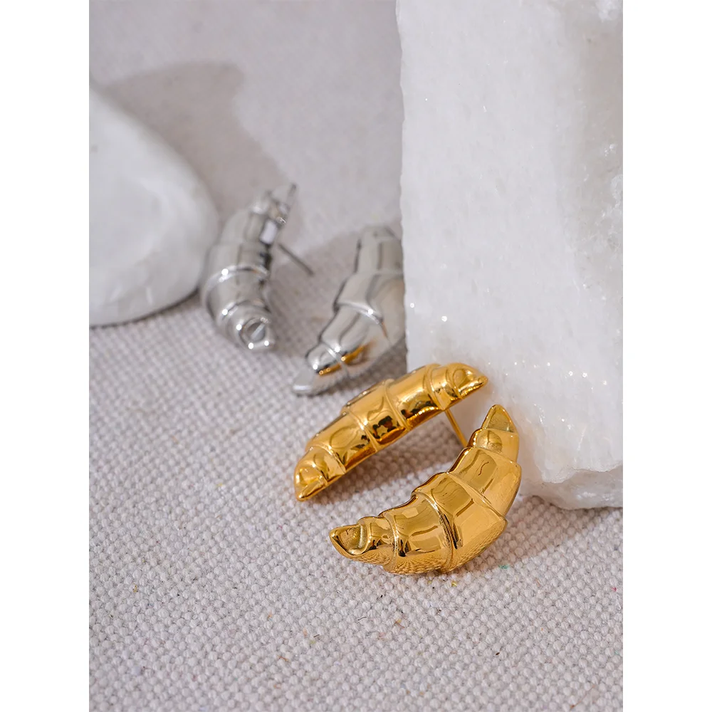 Yhpup 316l Stainless Steel Croissant Stud Earrings Women Metal Vintage 18K Gold Plated Rust Proof Statement Fashion Jewelry Gift