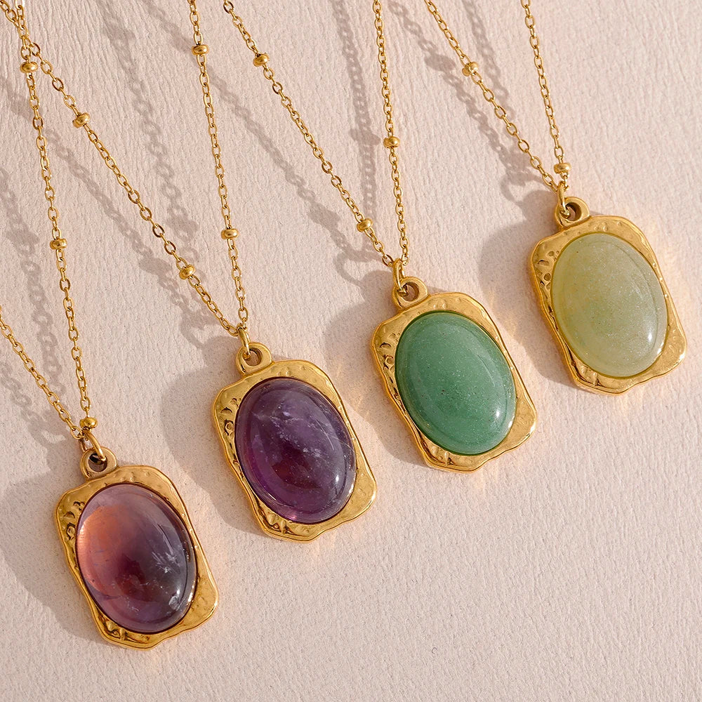 Yhpup Natural Stone Square Pendant Stainless Steel Necklace Amethyst Green Aventurine Charm Fashion Collar Jewelry Women