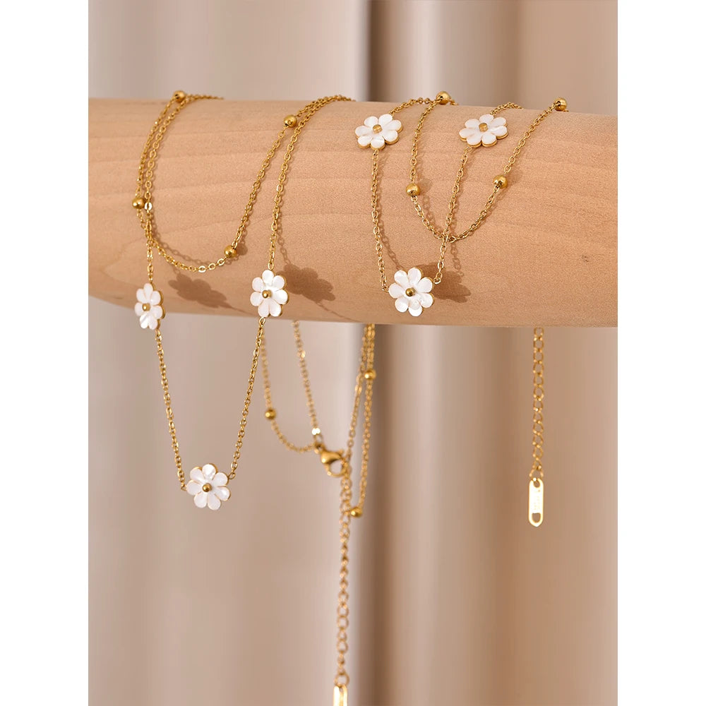 Yhpup Summer Imitation Shell Flower Double Layer Chain Necklace Anklet for Women Trendy Plant Charm Jewelry Bijoux Gift