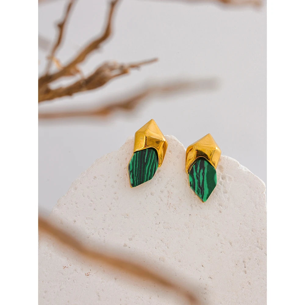 Yhpup 316L Stainless Steel Malachite Stone Geometric Green Stud Earrings High Quality Golden Fashion Jewelry Accessories Gift