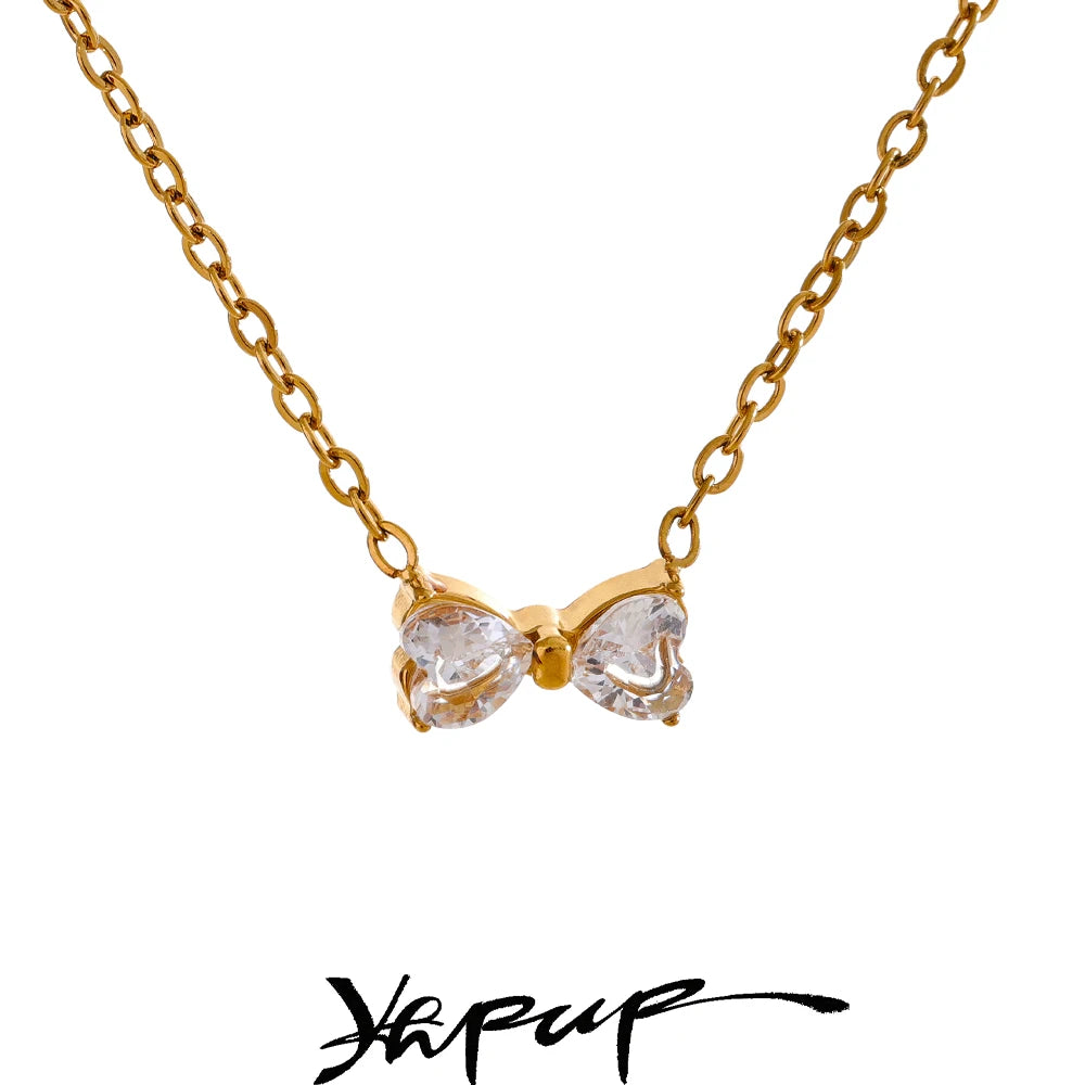 Yhpup Delicate Shiny Cubic Zirconia Bowknot Bow Trendy Necklace 2024 Chic Bling Pendant for Women Premium Waterproof Jewelry
