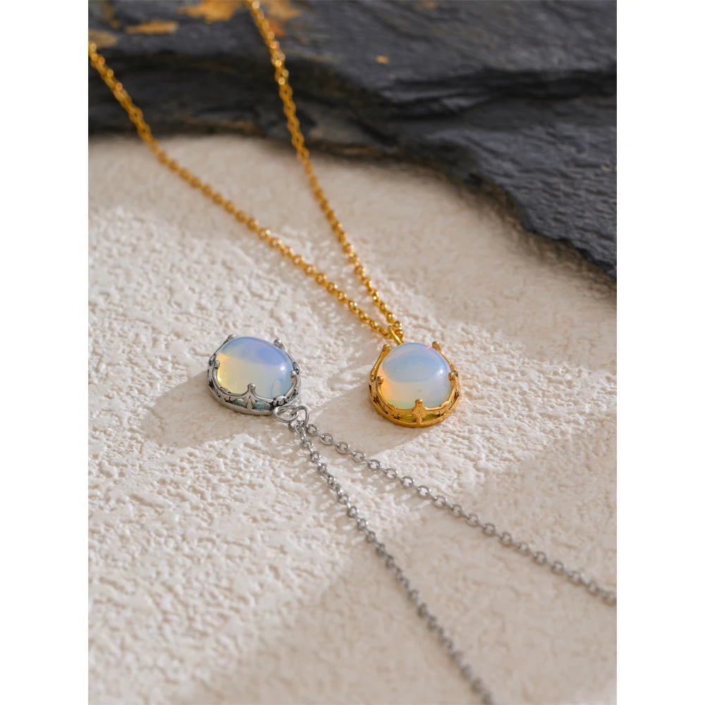 Yhpup Natural Opal Stone Pendant Fashion Necklace for Women Stainless Steel High Quality Popular Jewelry Waterproof Gift