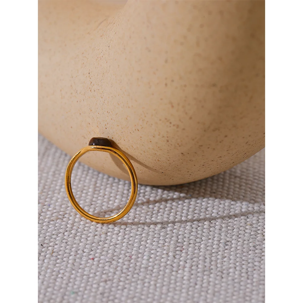 Yhpup Chic Natural Stone Stainless Steel Fashion Ring Minimalist Gold Color Waterproof France Jewelry Women Accessories Gift