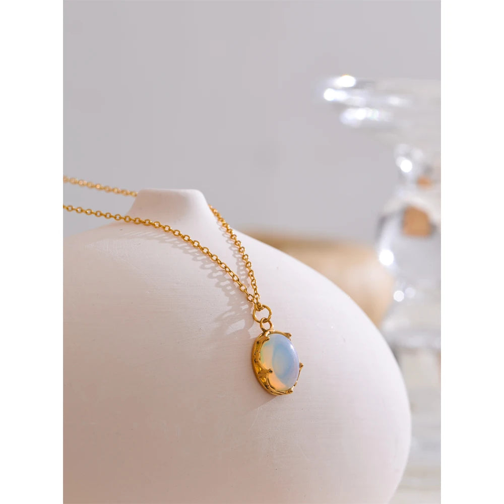 Yhpup Natural Opal Stone Pendant Fashion Necklace for Women Stainless Steel High Quality Popular Jewelry Waterproof Gift