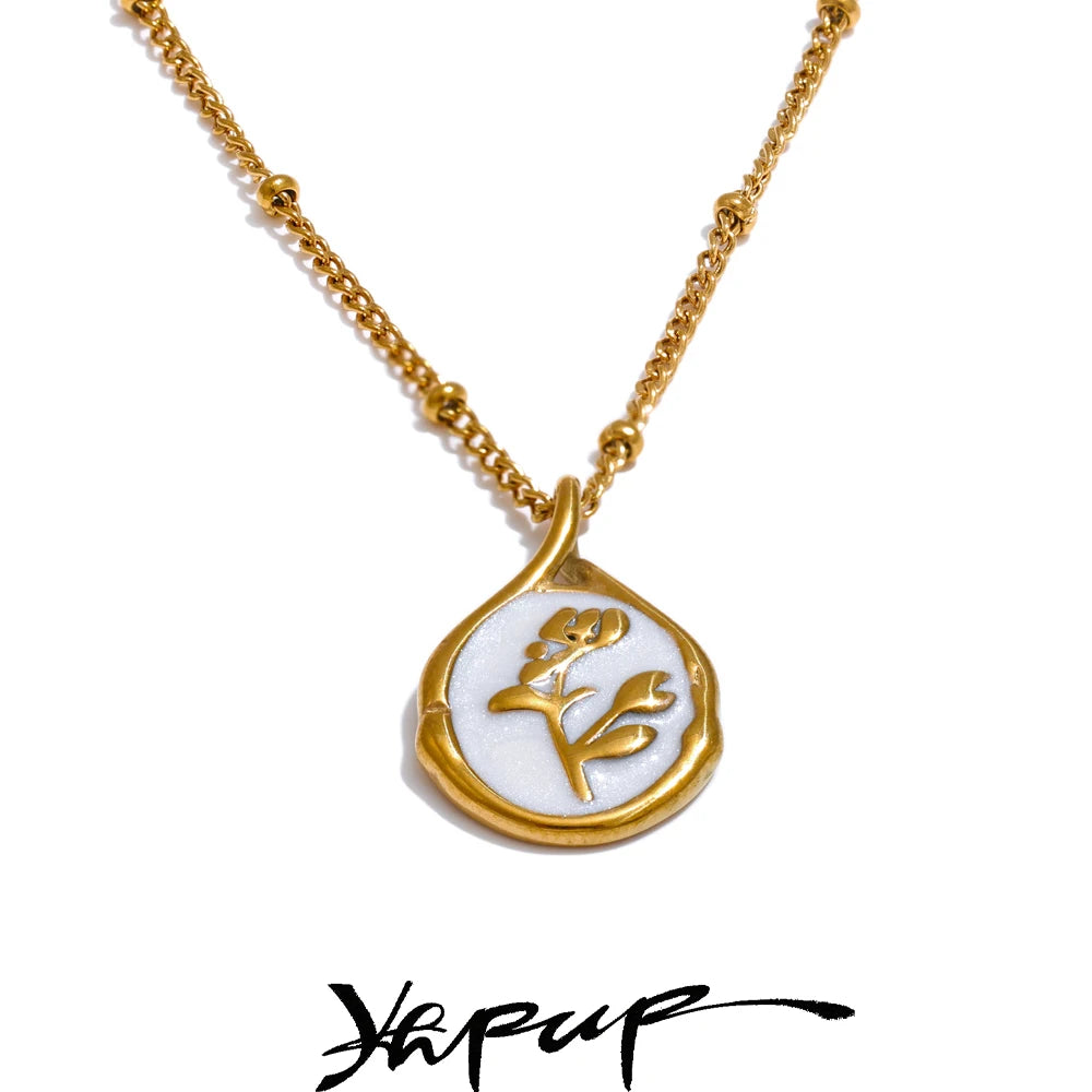 Yhpup France Exquisite Stainless Steel Enamel Flower Pendant Necklace Waterproof Stain Less Metal Collar Jewelry Waterproof