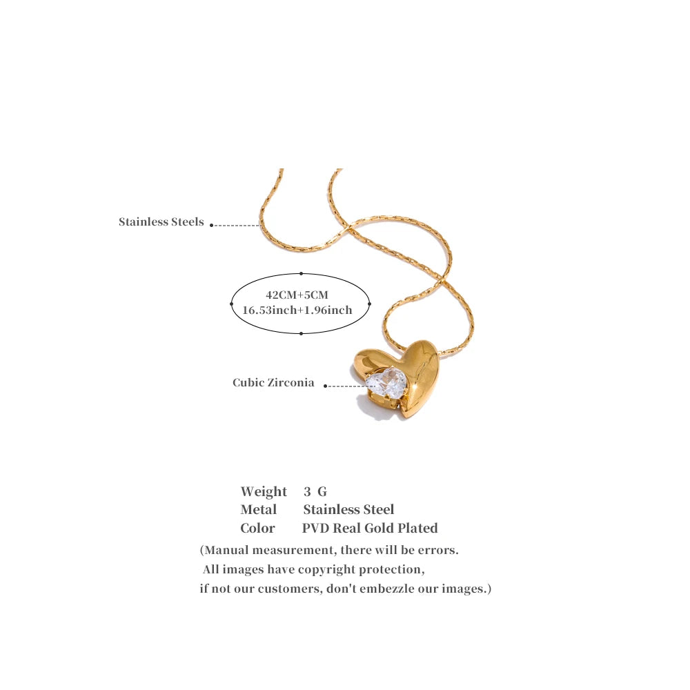 Yhpup Stylish Design Stainless Steel Metal Zirconia Heart Pendant Necklace Golden Collar Romantic Charm Jewelry Gift 2025
