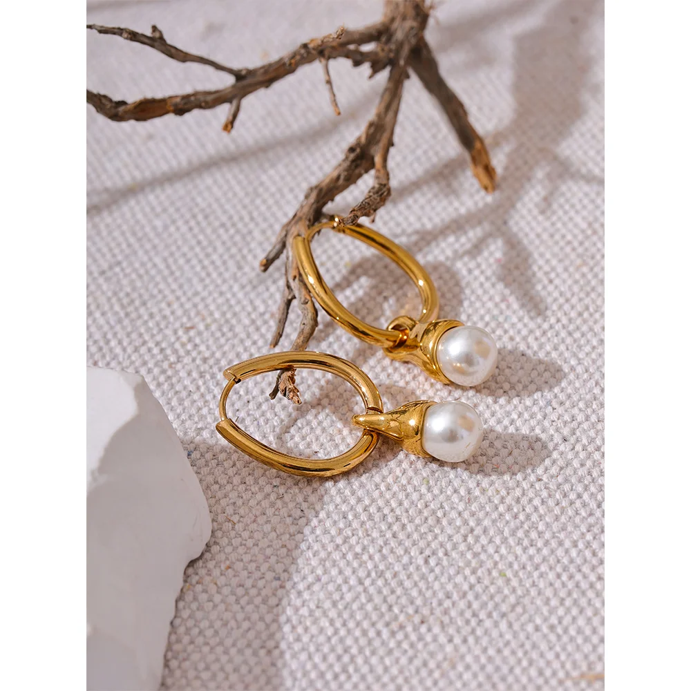 Yhpup Removable Stainless Steel Geometric Imitation Pearls Drop Hoop Earrings Gold Color Fashion Elegant Daily Jewelry for Women