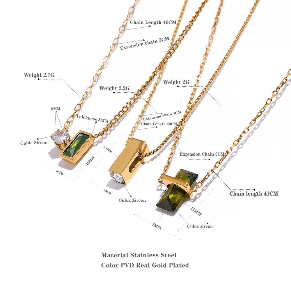 Yhpup Stainless Steel Olive Green Cubic Zirocnia Chic Pendant Necklace for Women Minimalist Charm Korean Fashion Collar Jewelry