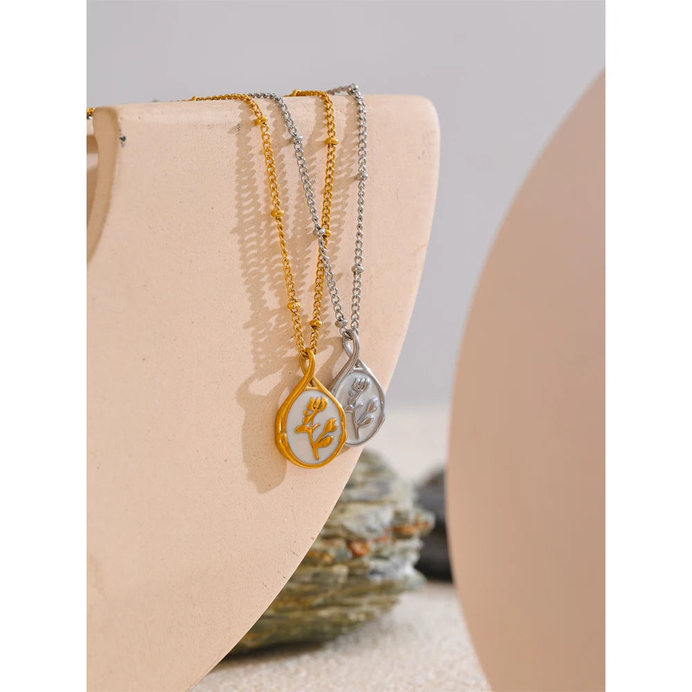 Yhpup France Exquisite Stainless Steel Enamel Flower Pendant Necklace Waterproof Stain Less Metal Collar Jewelry Waterproof