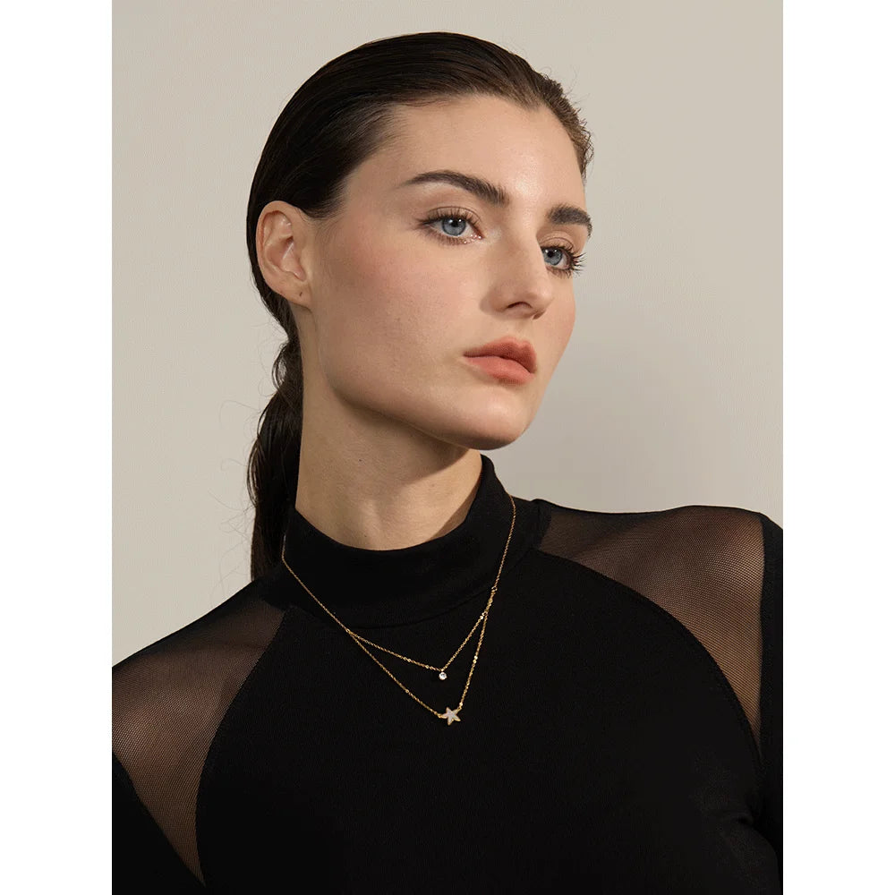 Yhpup Fashion Natural Shell CZ Star Double Layer Pendant Stacking Chic Necklace Gold Color Chain Stainless Steel Collar Jewelry