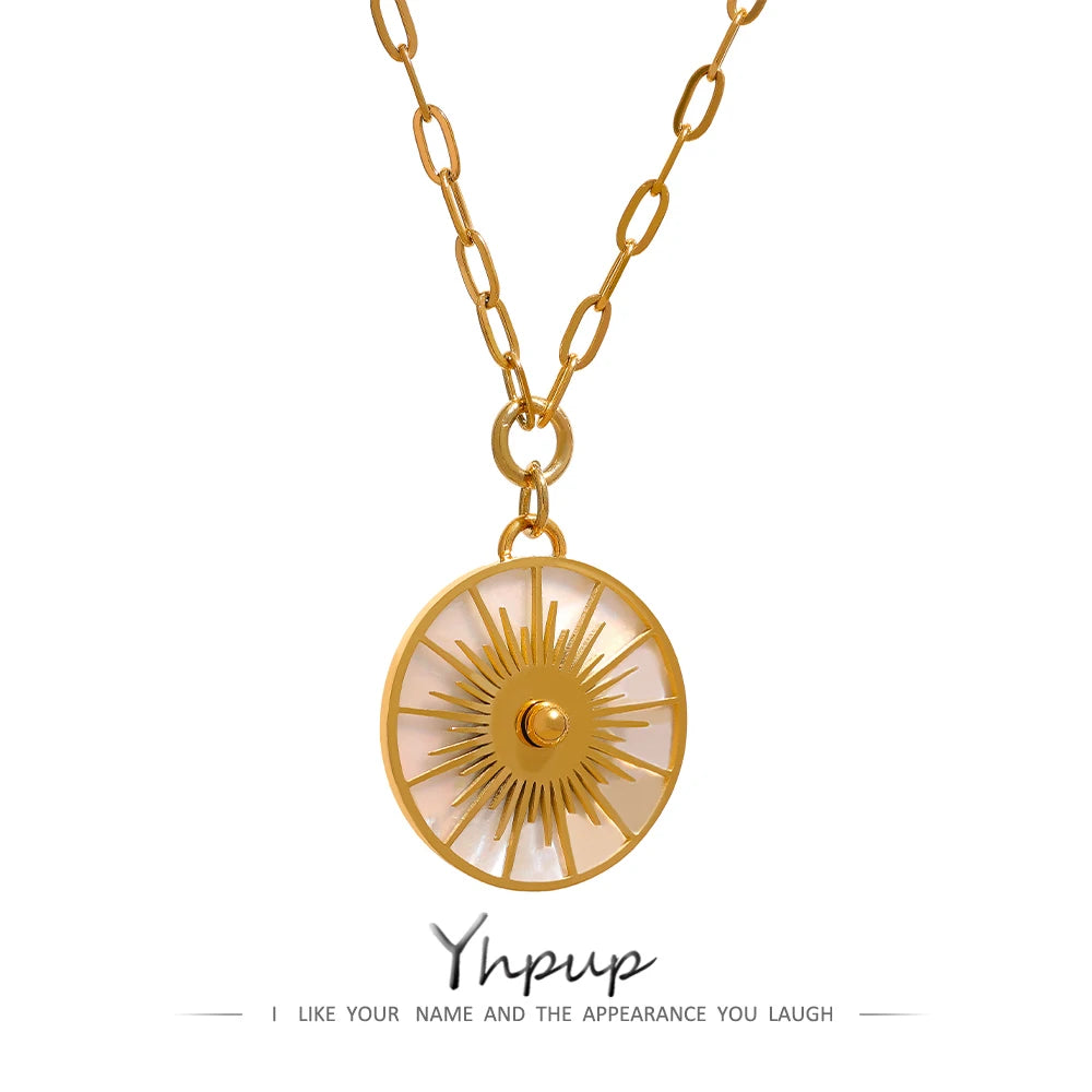 Yhpup Big Round Geometric Short Chain Statement Necklace Stainless Steel Golden Shell Fashion Vintage Pendant Collier PVD-Plated