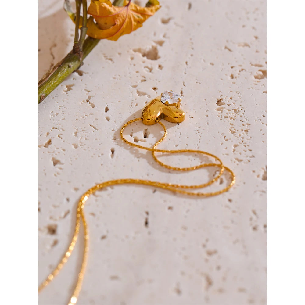 Yhpup Stylish Design Stainless Steel Metal Zirconia Heart Pendant Necklace Golden Collar Romantic Charm Jewelry Gift 2025