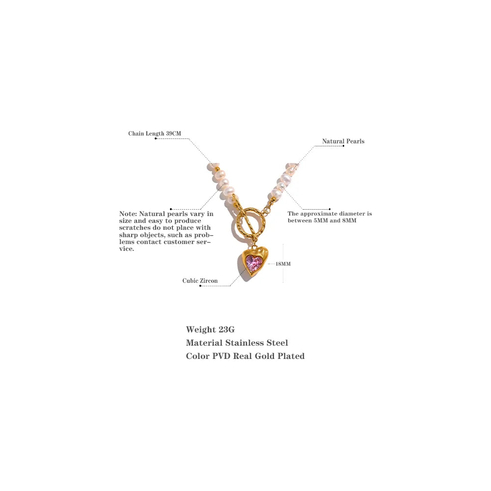 Yhpup Natural Freshwater Pearl Heart Stainless Steel Cubic Zirconia Pendant Necklace Aesthetic Luxury Chain Jewelry Women Gift