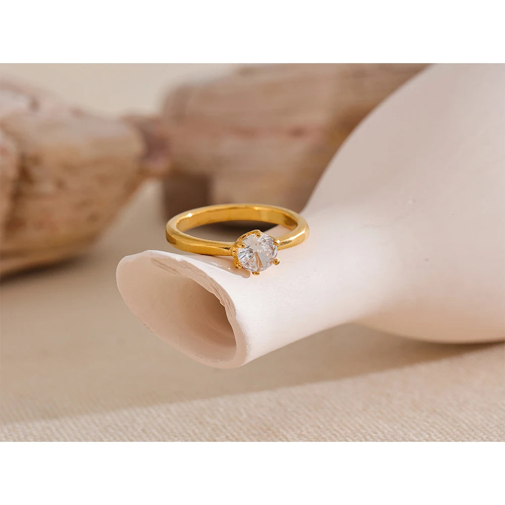 Yhpup AAA Cubic Zirconia Classic Ring High Quality 18k Gold Color Stainless Steel Fashion Charm Jewelry