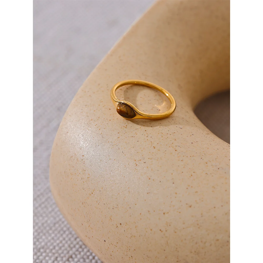 Yhpup Chic Natural Stone Stainless Steel Fashion Ring Minimalist Gold Color Waterproof France Jewelry Women Accessories Gift
