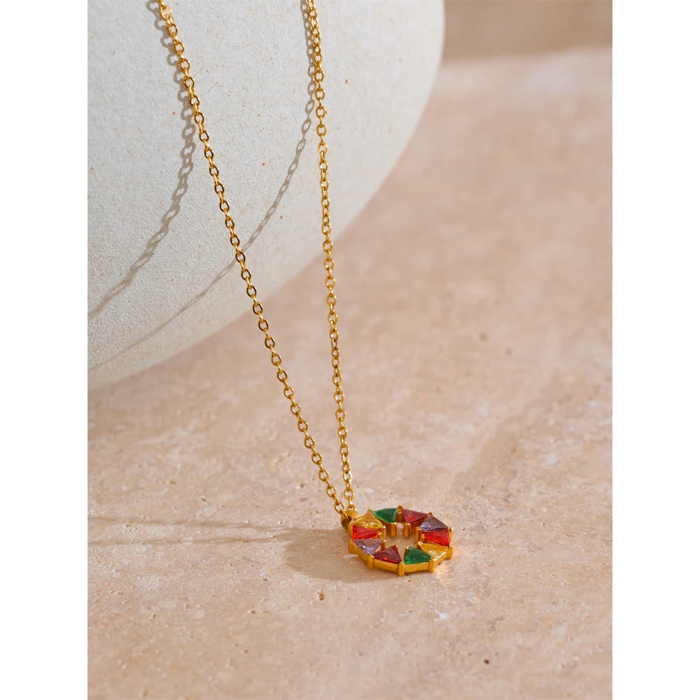 Yhpup Colorful Bling Cubic Zirconia Round Shape Rainbow Chic Necklace Pendant 18K Gold Color Fashion Waterproof Jewelry Gift