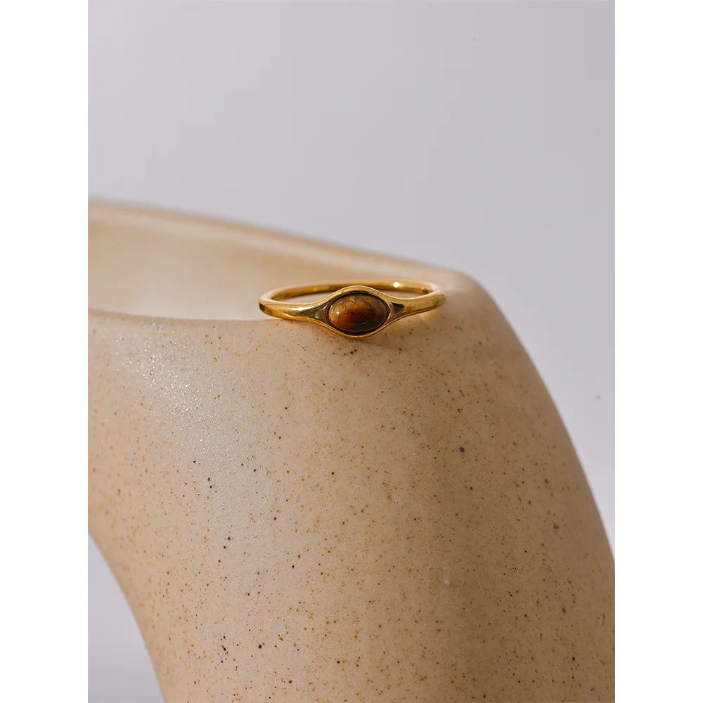 Yhpup Chic Natural Stone Stainless Steel Fashion Ring Minimalist Gold Color Waterproof France Jewelry Women Accessories Gift