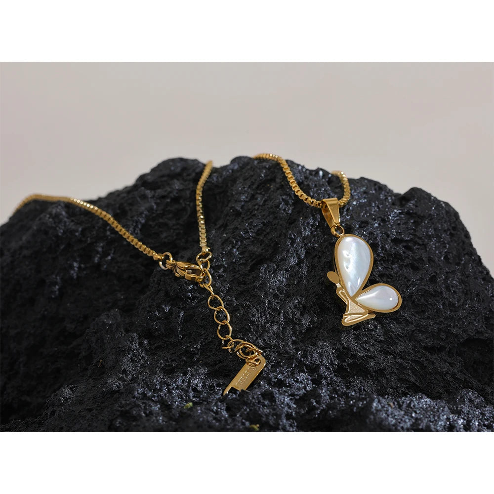 Yhpup Stainless Steel Butterfly Pendant Necklace Inlaid Natural Shell 18K Gold Color Charms Jewelry for Women Waterproof Gift