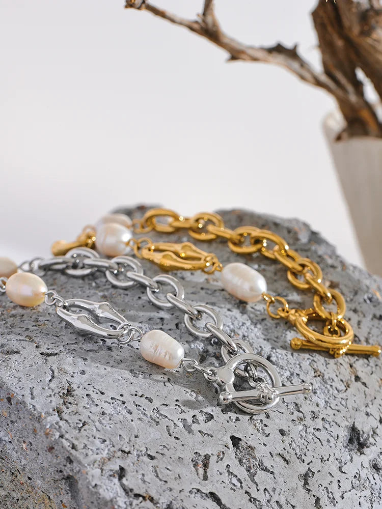 Yhpup 316l Stainless Steel Natural Pearl Chain Toggle-Clasps Bracelet Bangle for Women Elegant Fashion Jewelry Bijoux Waterproof