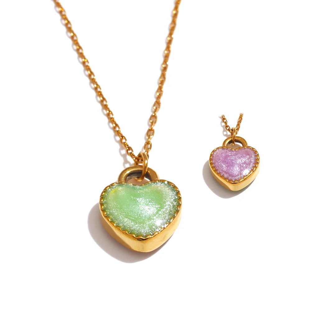 Yhpup Waterproof Fashion Colorful Double-Sided Enamel Heart Love Sweet Y2K Candy Pendant Necklace Women Stainless Steel Jewelry
