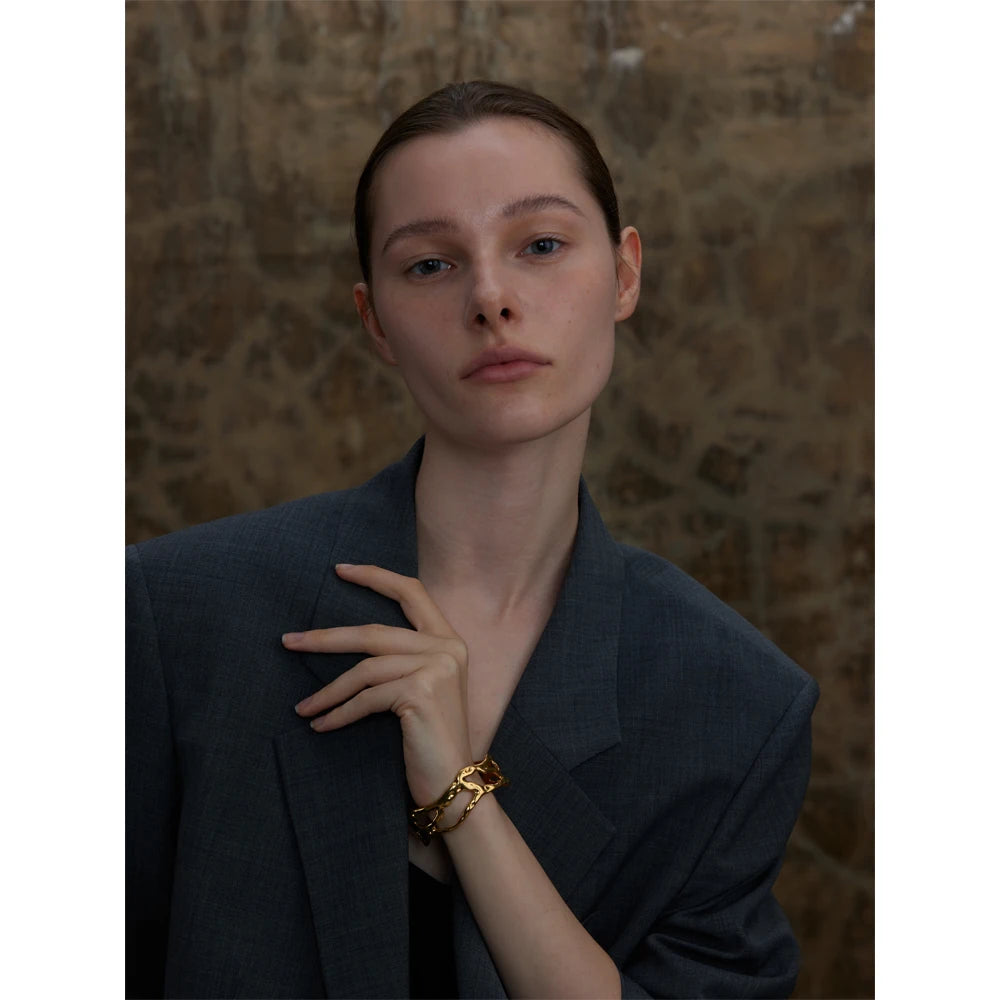 Yhpup Stylish Unique Design Stainless Steel Metal Hollow Wide Cuff Bracelet Bangle Texture Rust Proof 18K PVD Plated Jewelry