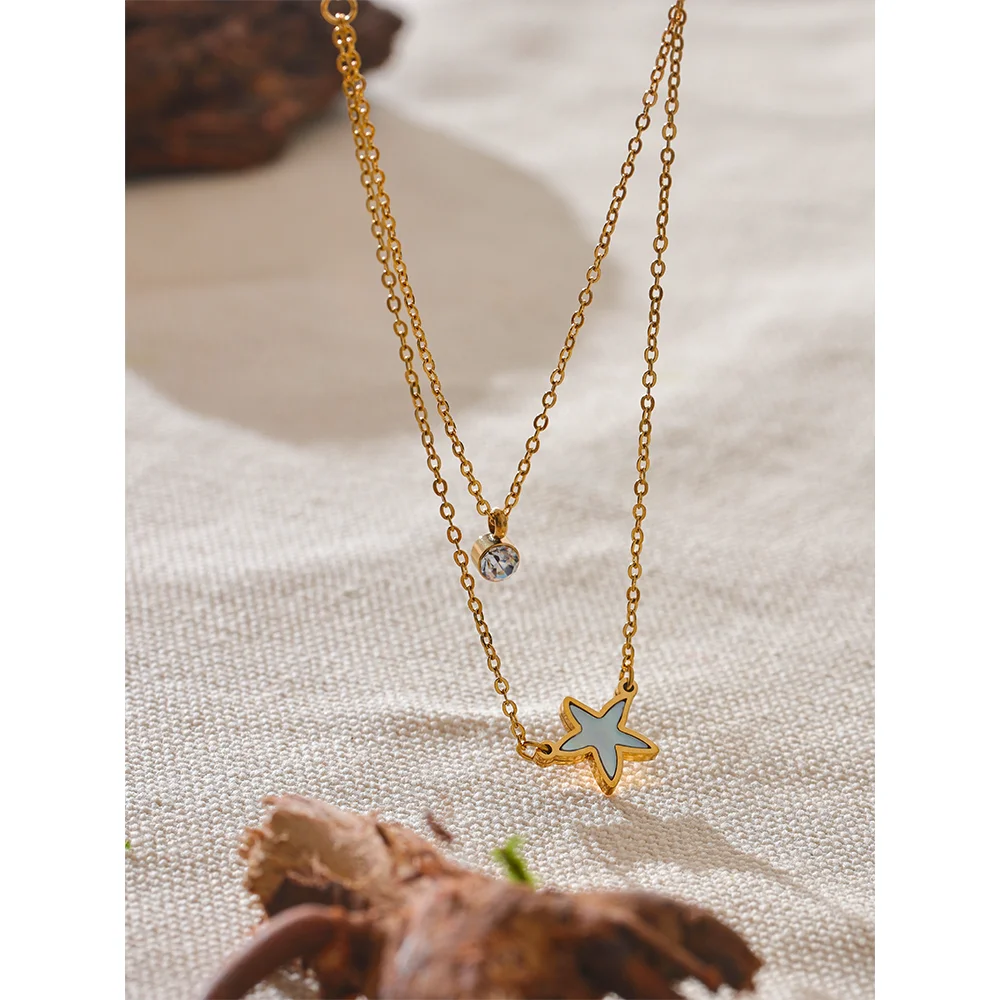 Yhpup Fashion Natural Shell CZ Star Double Layer Pendant Stacking Chic Necklace Gold Color Chain Stainless Steel Collar Jewelry