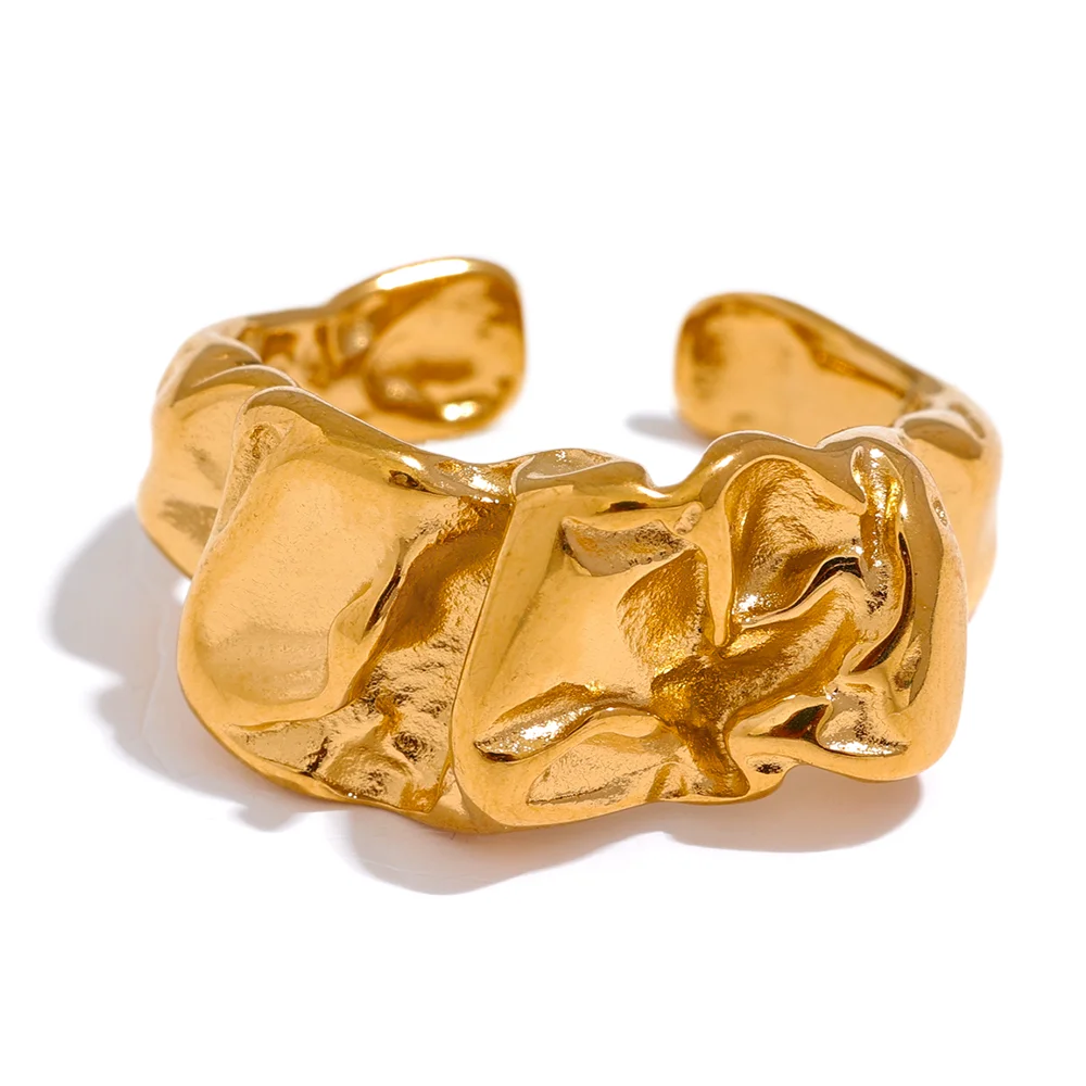 Yhpup New Stainless Steel Creative Metal Wide Ring for Women Gold Color Texture Temperament Jewelry Waterproof Accessories