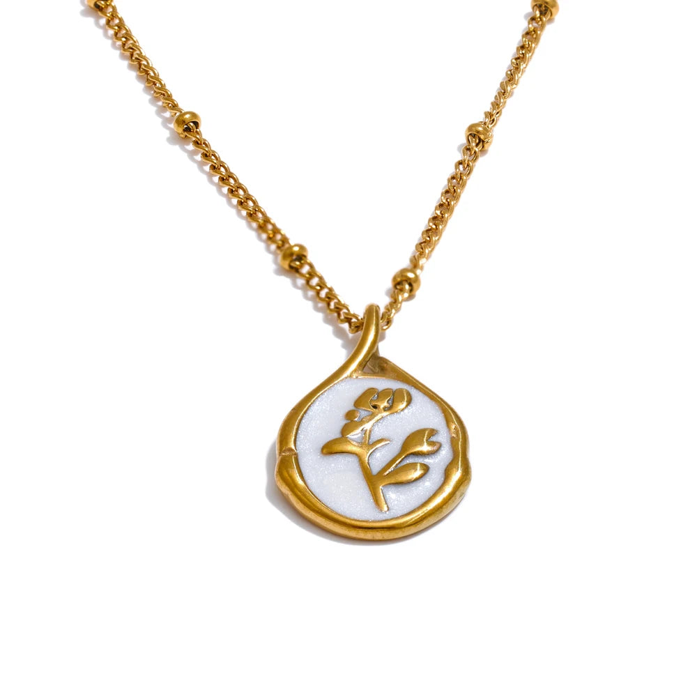 Yhpup France Exquisite Stainless Steel Enamel Flower Pendant Necklace Waterproof Stain Less Metal Collar Jewelry Waterproof