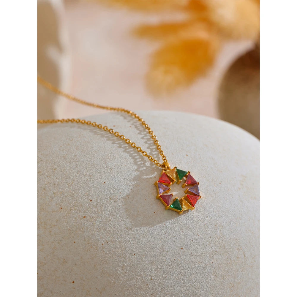 Yhpup Colorful Bling Cubic Zirconia Round Shape Rainbow Chic Necklace Pendant 18K Gold Color Fashion Waterproof Jewelry Gift