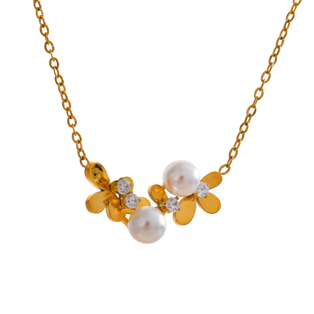 Yhpup Summer Zircon Pearl Flower Collar Necklace Pendant 316L Stainless Steel Chain 18K Gold Color Chic Exclusive Jewelry