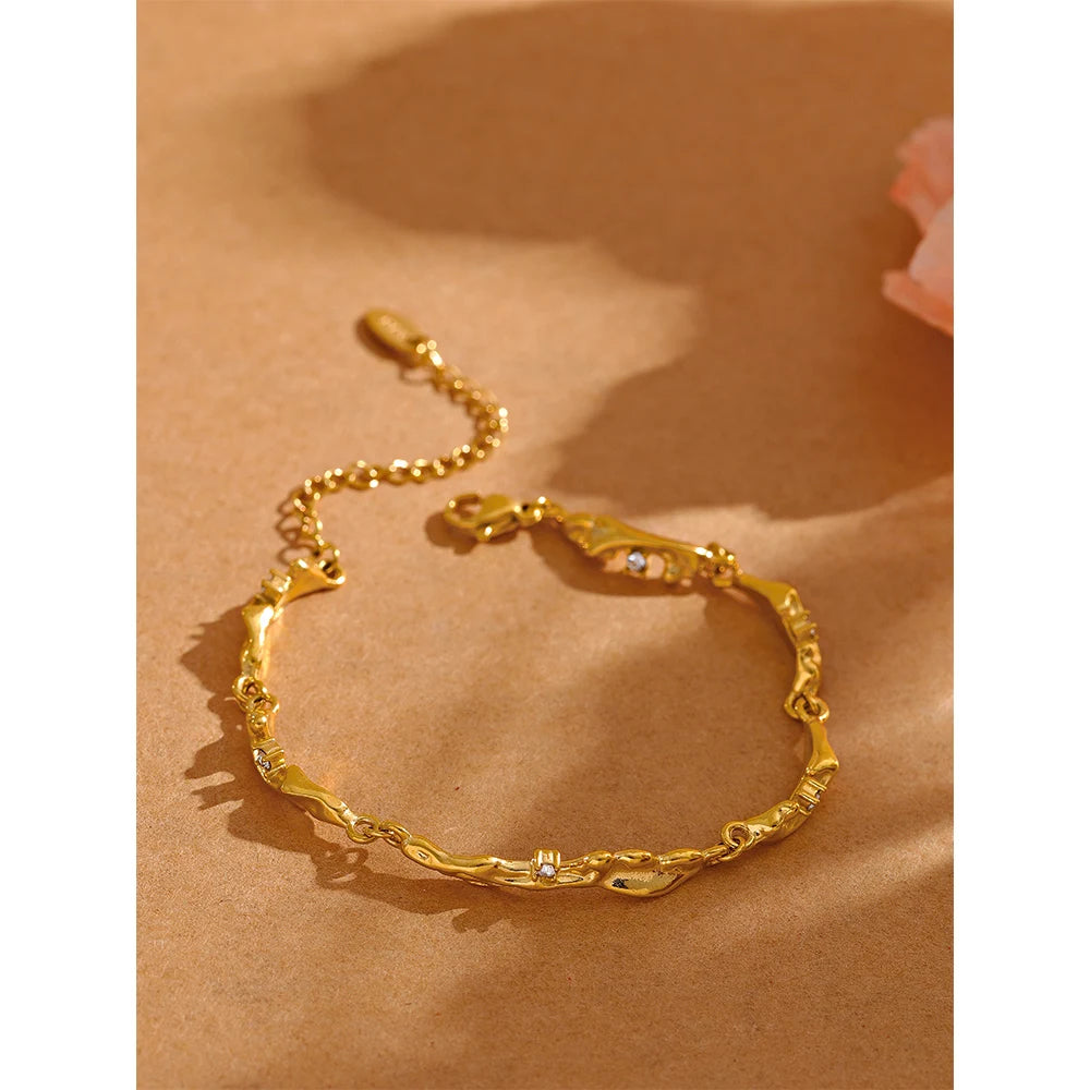 Yhpup New Design Metal Rock Texture Stainless Steel Gold Color Plated Statement Chain Bangle Bracelet Vintage Fashion Jewelry