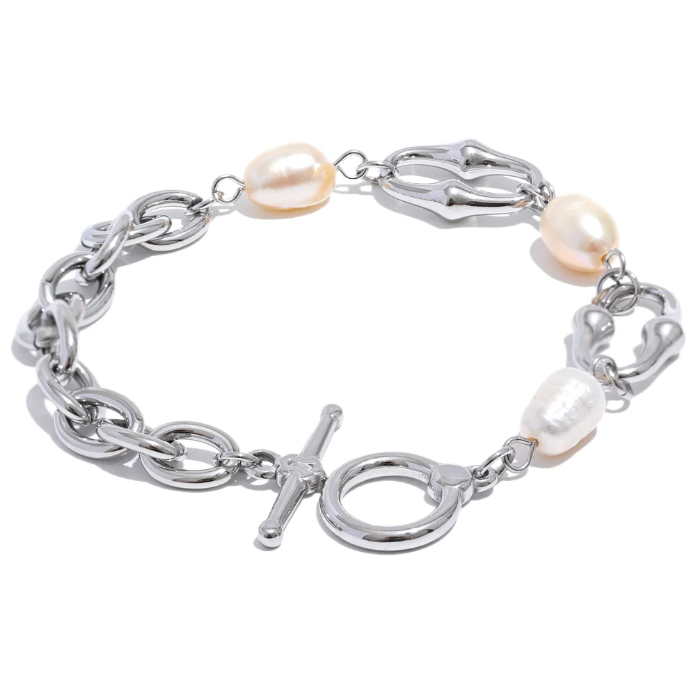 Yhpup 316l Stainless Steel Natural Pearl Chain Toggle-Clasps Bracelet Bangle for Women Elegant Fashion Jewelry Bijoux Waterproof