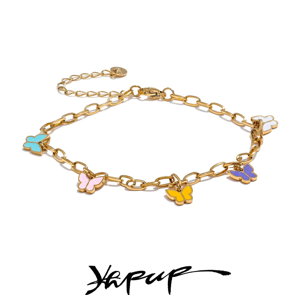 Yhpup 2024 Summer Stainless Steel Enamel Butterfly Drop Chain Anklet for Women Waterproof 18K PVD Plated Fashion Jewelry