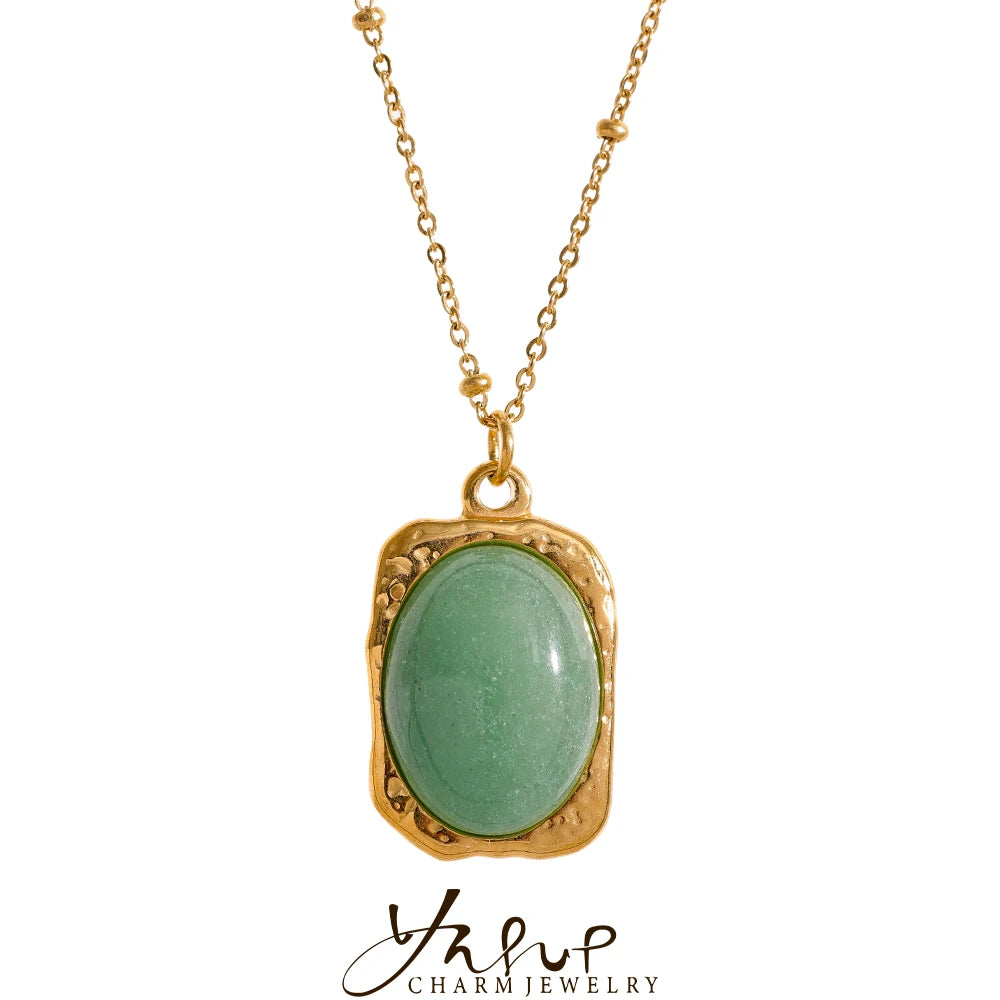 Yhpup Natural Stone Square Pendant Stainless Steel Necklace Amethyst Green Aventurine Charm Fashion Collar Jewelry Women