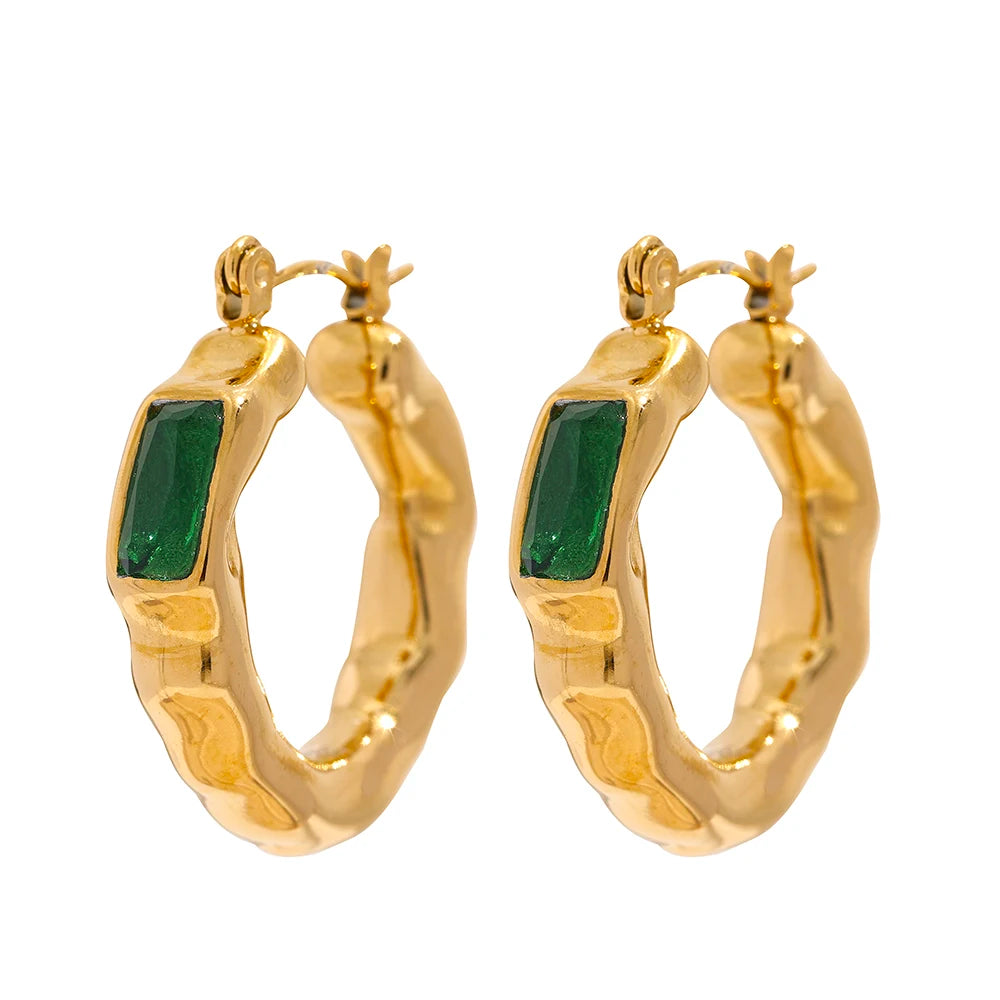 Yhpup Stainless Steel Cubic Zirconia Green CZ Textured Metal Hoop Earrings Jewelri for Woman Korean Temperament ZA Earring