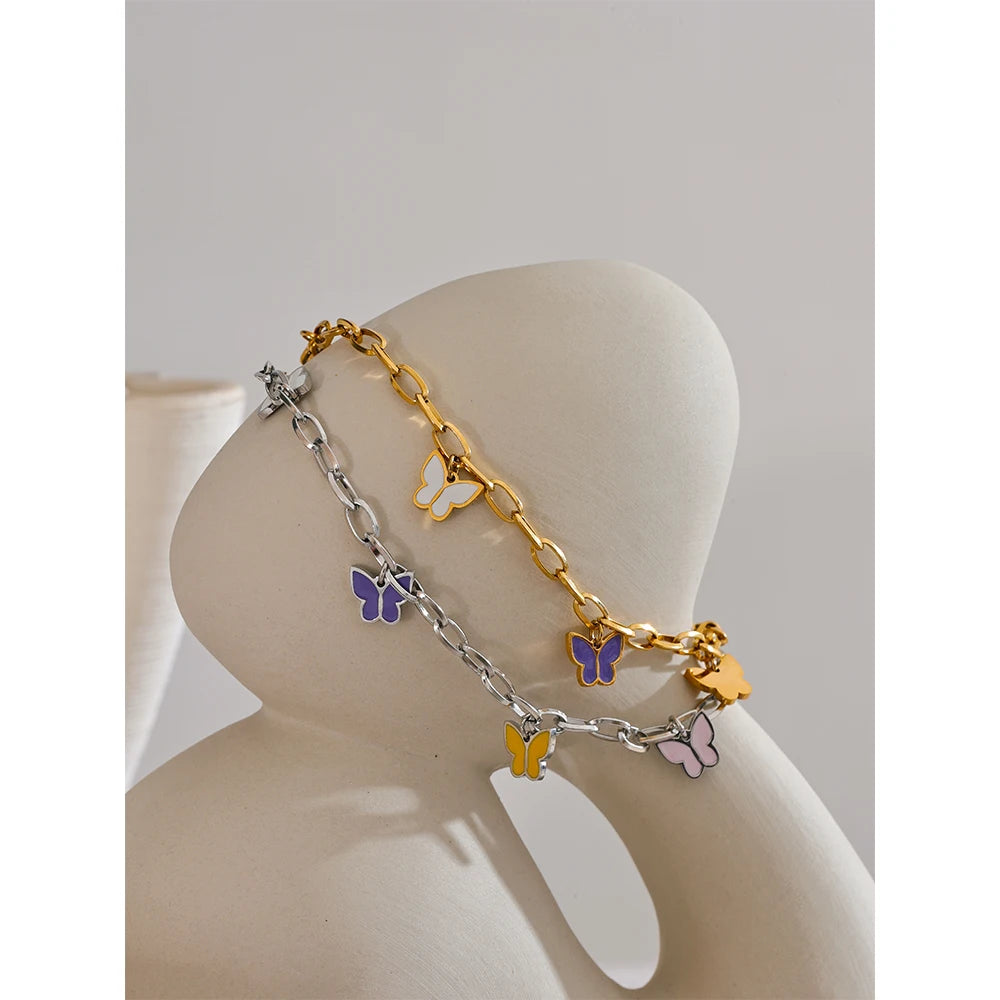 Yhpup 2024 Summer Stainless Steel Enamel Butterfly Drop Chain Anklet for Women Waterproof 18K PVD Plated Fashion Jewelry