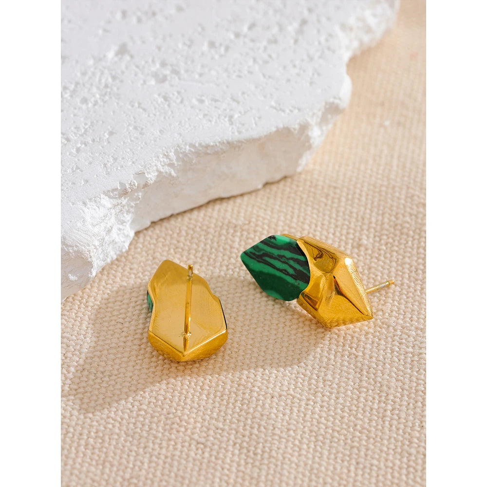 Yhpup 316L Stainless Steel Malachite Stone Geometric Green Stud Earrings High Quality Golden Fashion Jewelry Accessories Gift