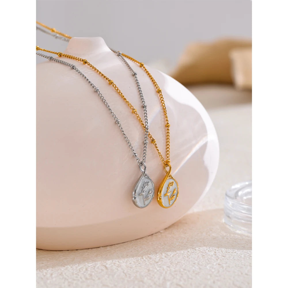Yhpup France Exquisite Stainless Steel Enamel Flower Pendant Necklace Waterproof Stain Less Metal Collar Jewelry Waterproof
