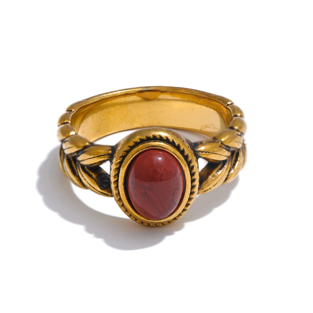Yhpup Retro Stainless Steel Red Gold Color Smearing Black Natural Stone Ring 18K PVD Plated Rust Proof Vintage Finger Jewelry