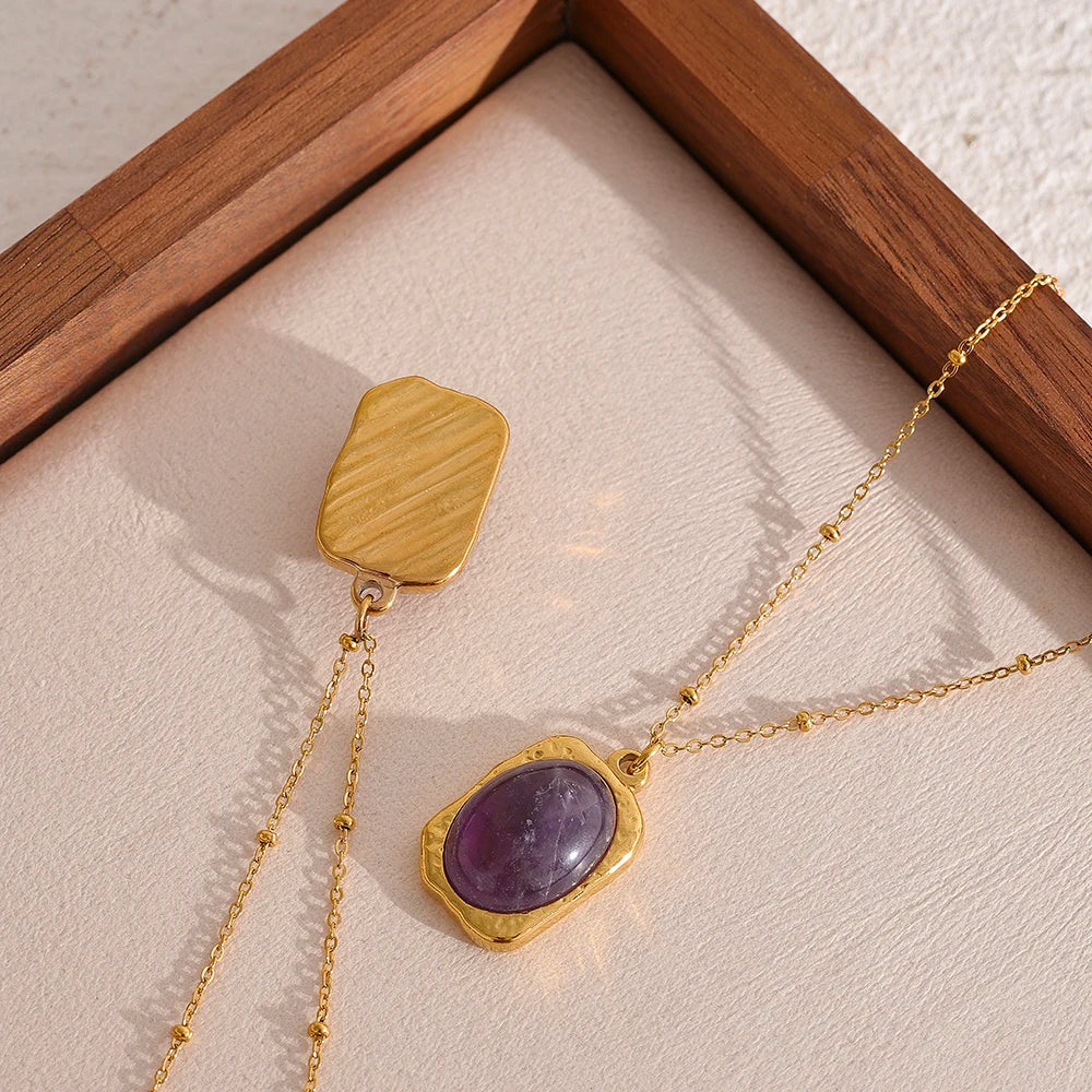 Yhpup Natural Stone Square Pendant Stainless Steel Necklace Amethyst Green Aventurine Charm Fashion Collar Jewelry Women