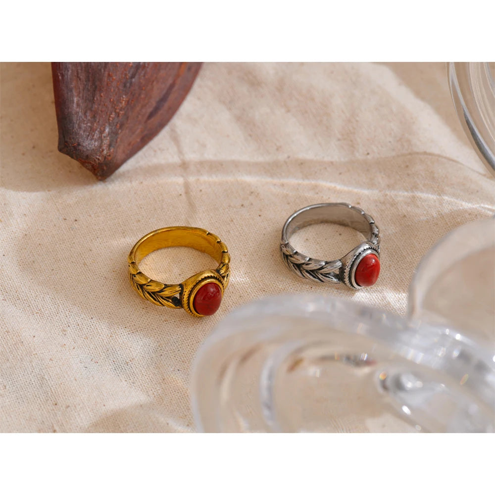 Yhpup Retro Stainless Steel Red Gold Color Smearing Black Natural Stone Ring 18K PVD Plated Rust Proof Vintage Finger Jewelry