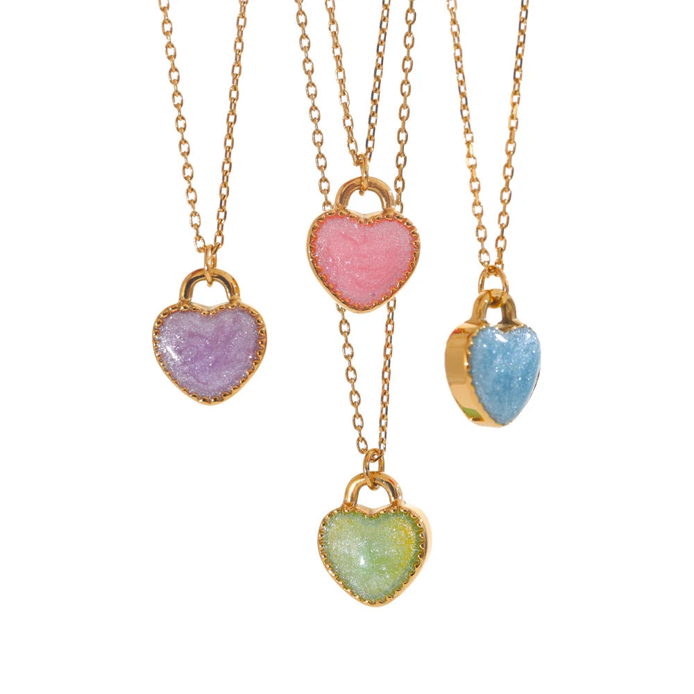 Yhpup Waterproof Fashion Colorful Double-Sided Enamel Heart Love Sweet Y2K Candy Pendant Necklace Women Stainless Steel Jewelry