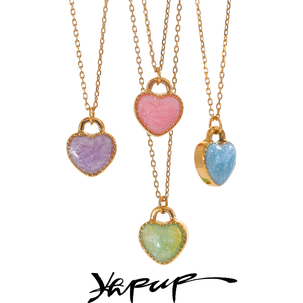 Yhpup Waterproof Fashion Colorful Double-Sided Enamel Heart Love Sweet Y2K Candy Pendant Necklace Women Stainless Steel Jewelry