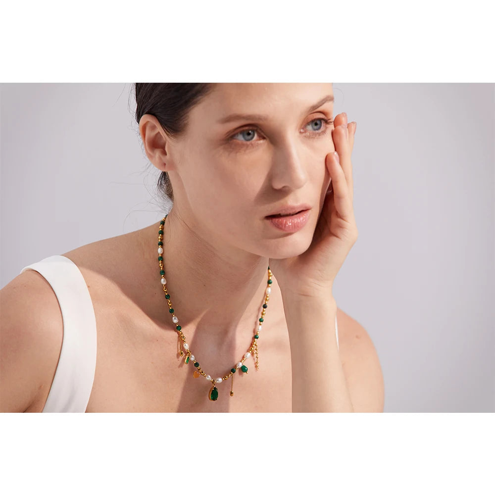 Yhpup Luxury Bling Green Cubic Zirconia Pendant Natural Pearl Stone Chain Necklace Fashion Stainless Steel Handmade Jewelry