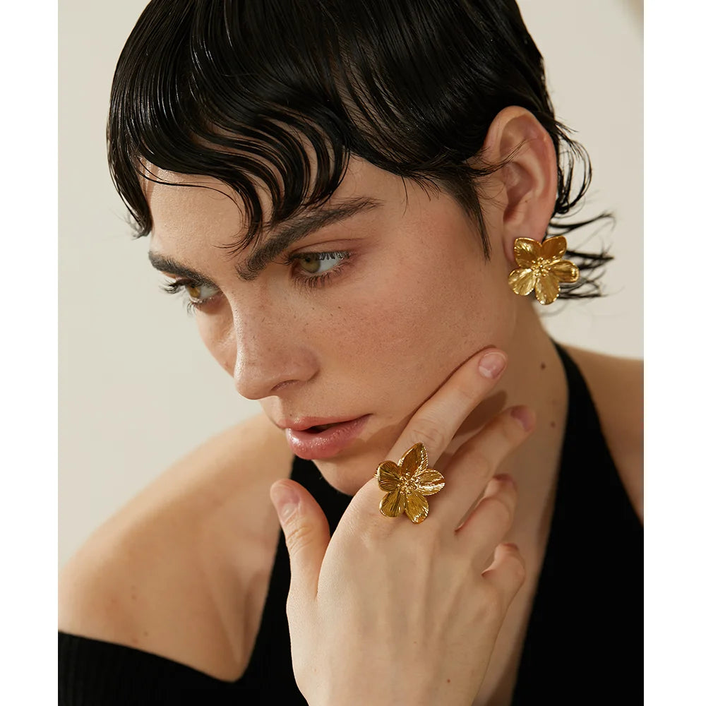 Yhpup Tarnish Free Vintage Gold Color Stainless Steel Flower Metal Stud Earrings for Women Individual Stylish Trendy Jewelry