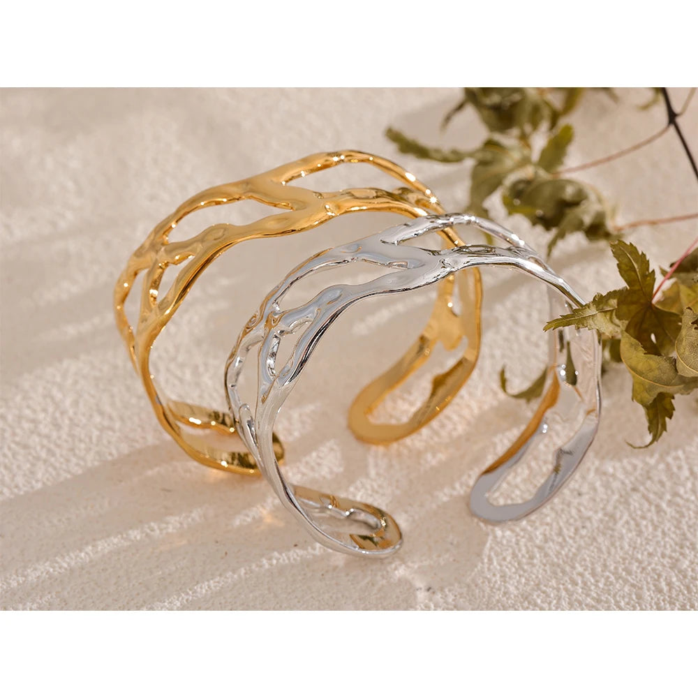 Yhpup Stylish Unique Design Stainless Steel Metal Hollow Wide Cuff Bracelet Bangle Texture Rust Proof 18K PVD Plated Jewelry