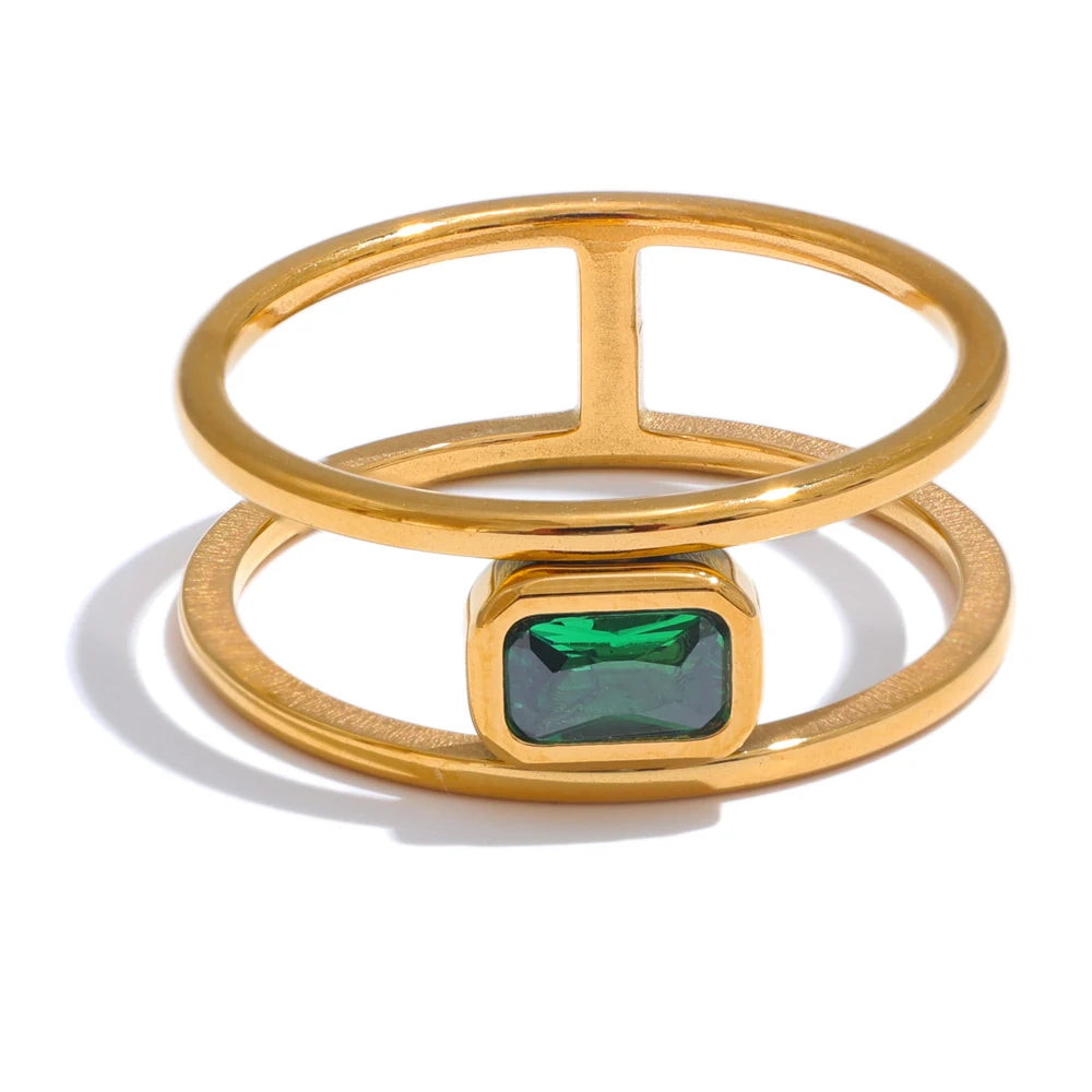 Yhpup Stainless Steel Double Layer Hollow Green Cubic Zirconia Fashion Ring Exquisite Rust Proof 18K Gold Color Finger Jewelry